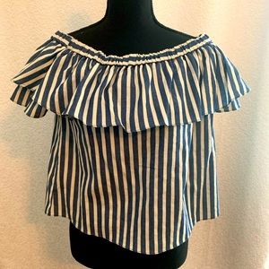 Everly blue and white striped ruffle top